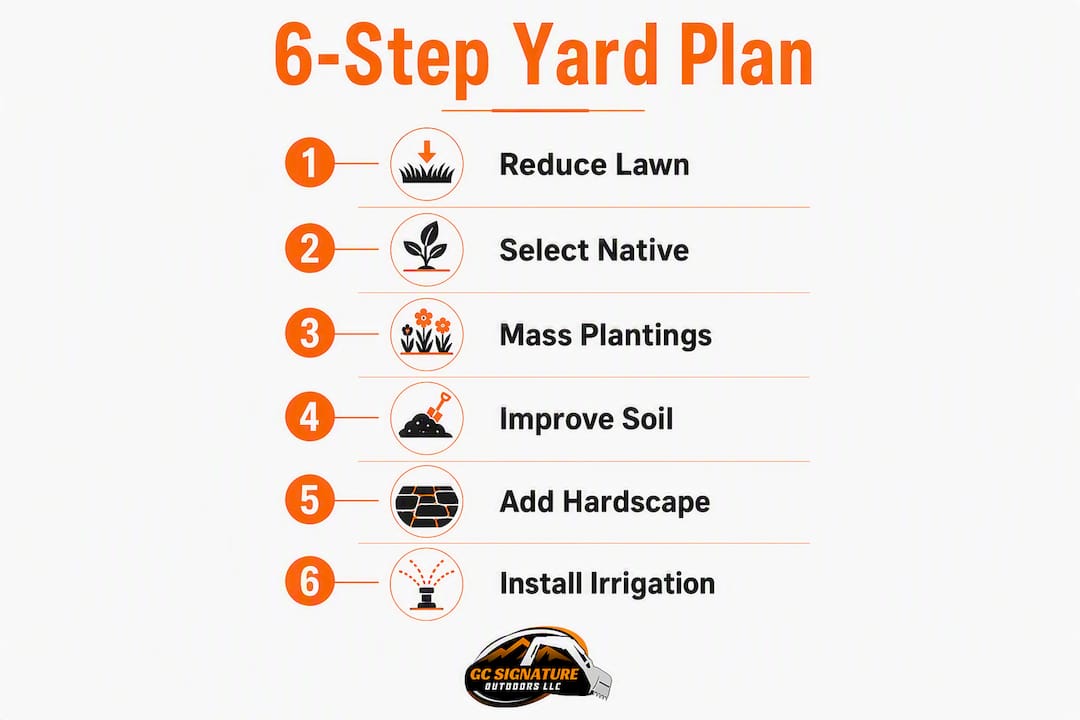 Infographic showing 6-step low maintenance landscaping plan