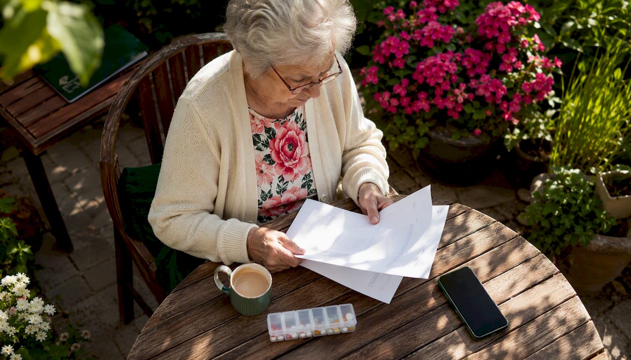 Senior woman reviewing Medicare Part D documents at home