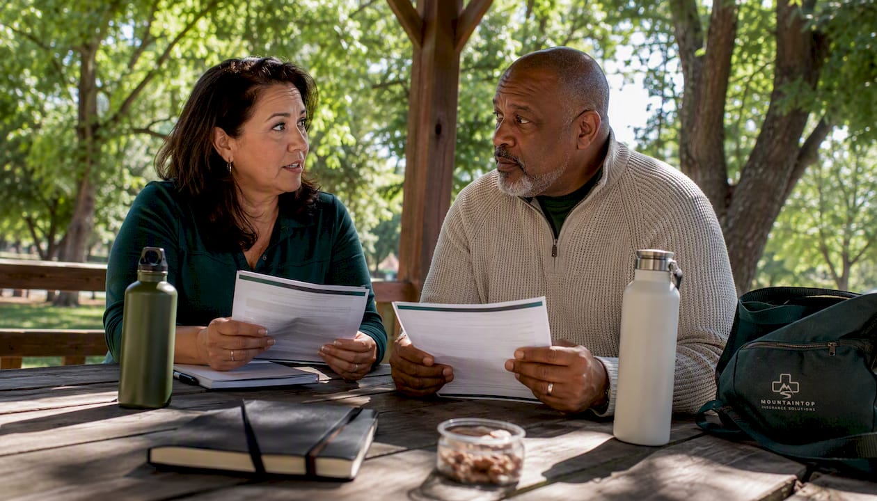 Two people discussing Medicare Part D changes in meeting room