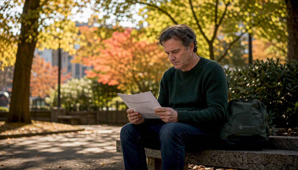 Close-up of hands reviewing Medicare premium notice outdoors
