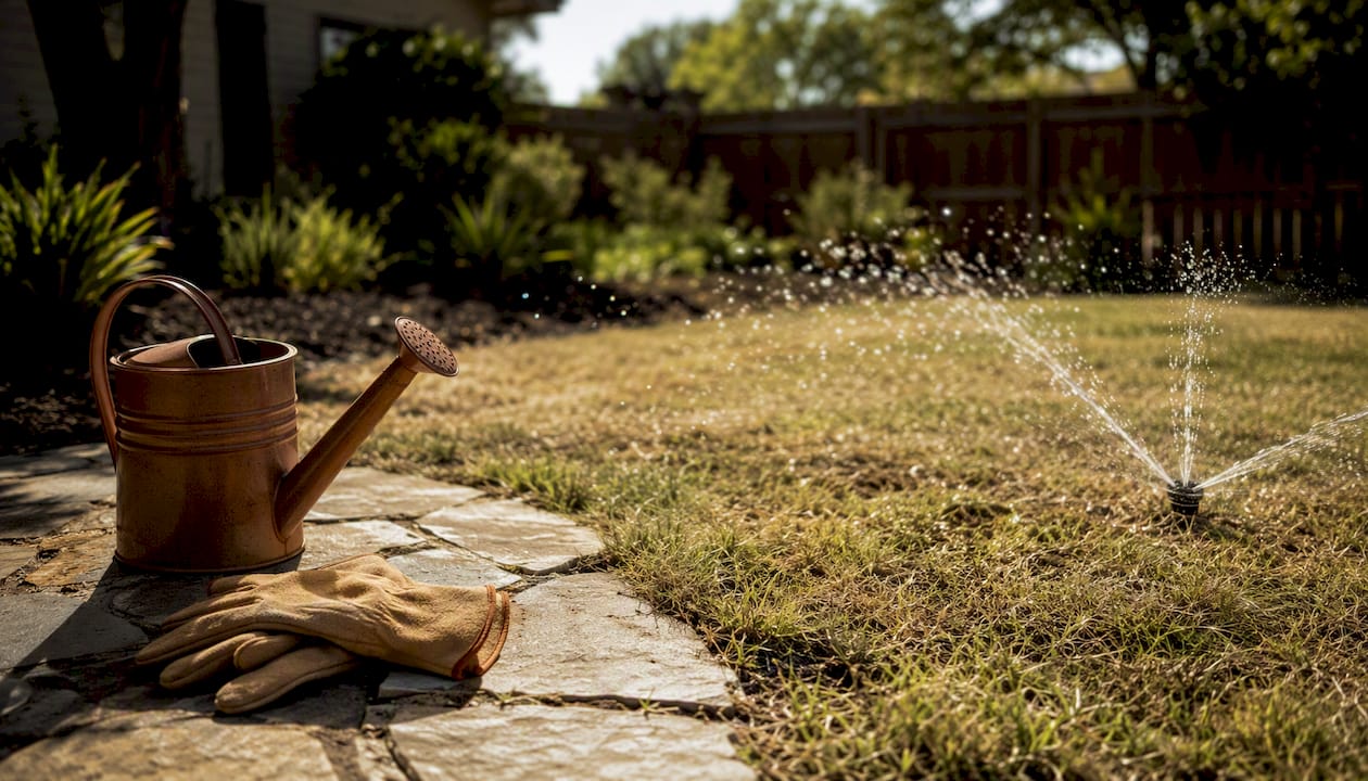 Sprinkler watering drought tolerant lawn