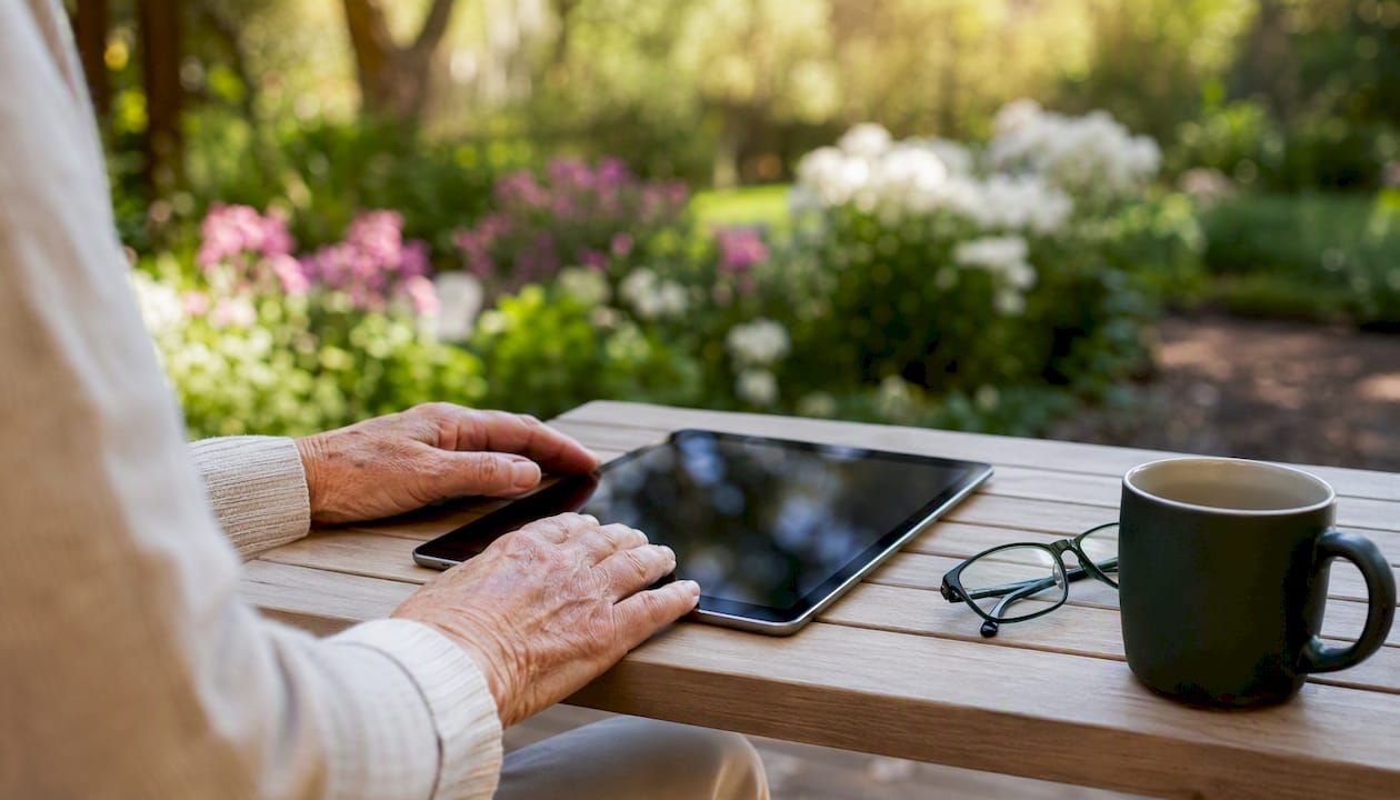 Senior hands holding tablet in sunroom