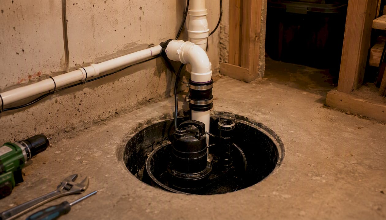 Sump pump system installed in basement corner
