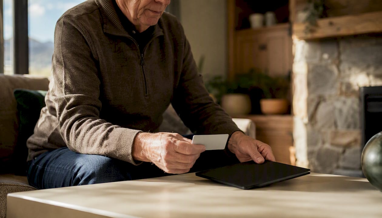 Senior reviewing Medicare card at home
