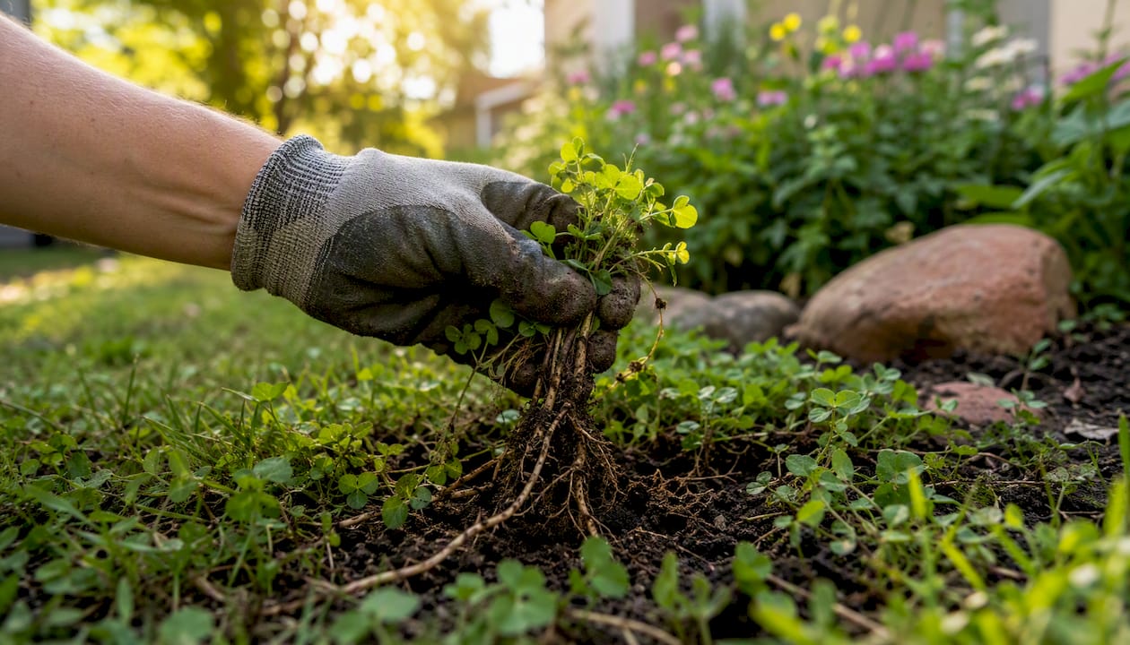 Hand pulling clover from lawn