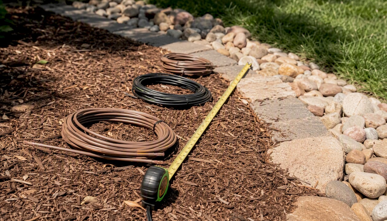 Different gauges of landscape lighting wire on ground