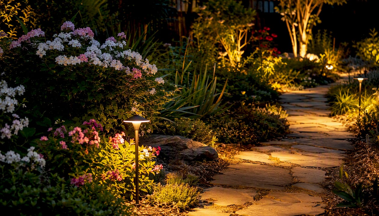 Warm white landscape light on garden shrub and path