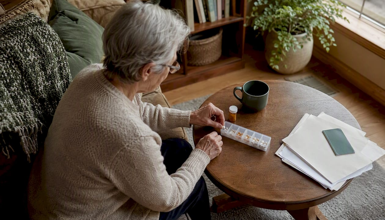 Senior organizing medication with Medicare card nearby