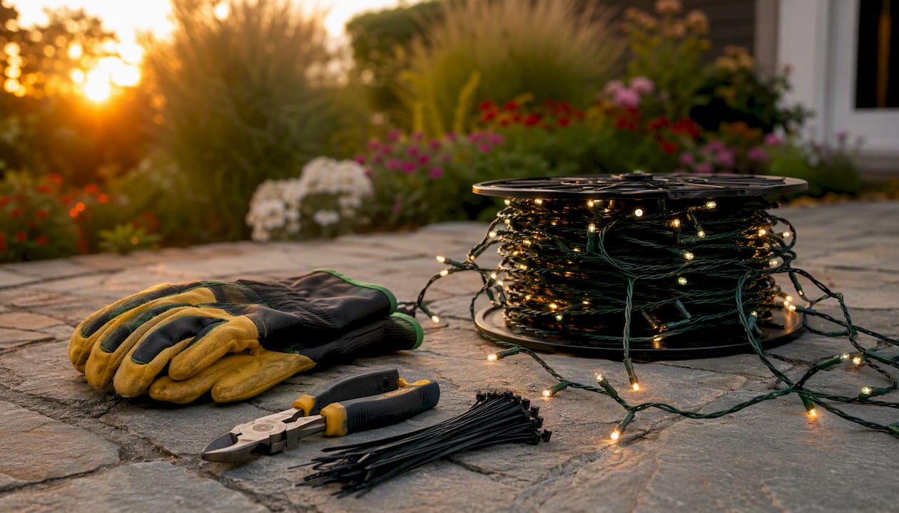 Christmas light installation tools ready on driveway