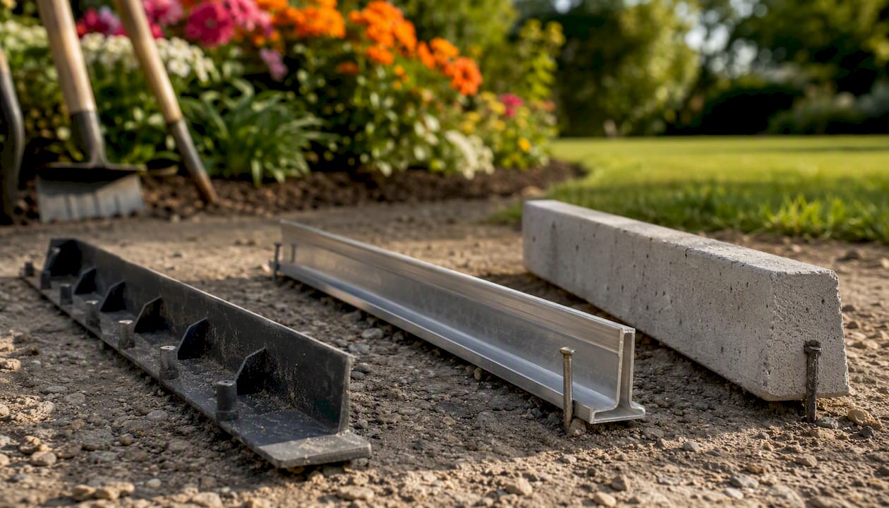 Close-up of plastic, aluminum, and concrete paver edge restraints
