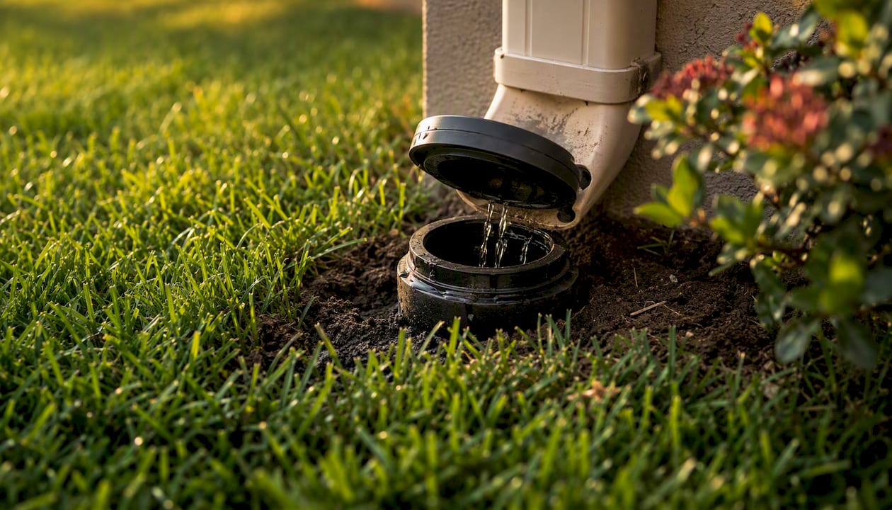 Pop-up emitter discharging water on lawn