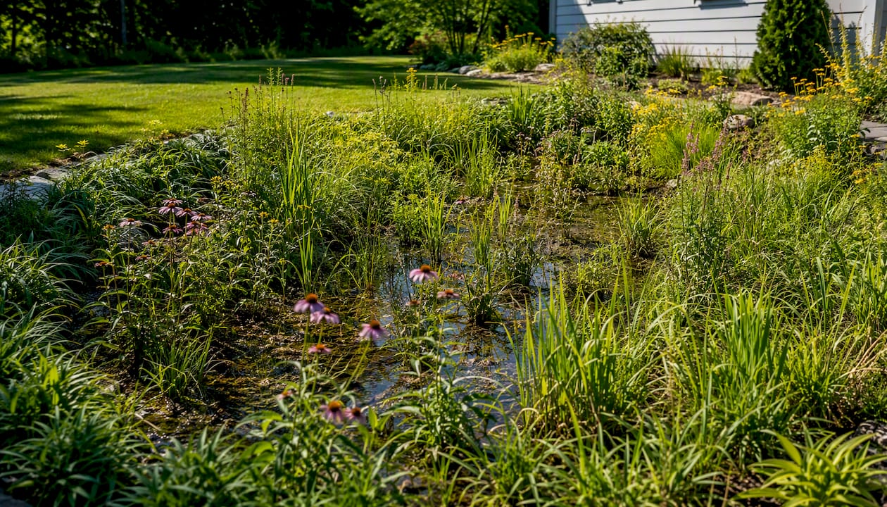 Rain garden with native plants soaking runoff
