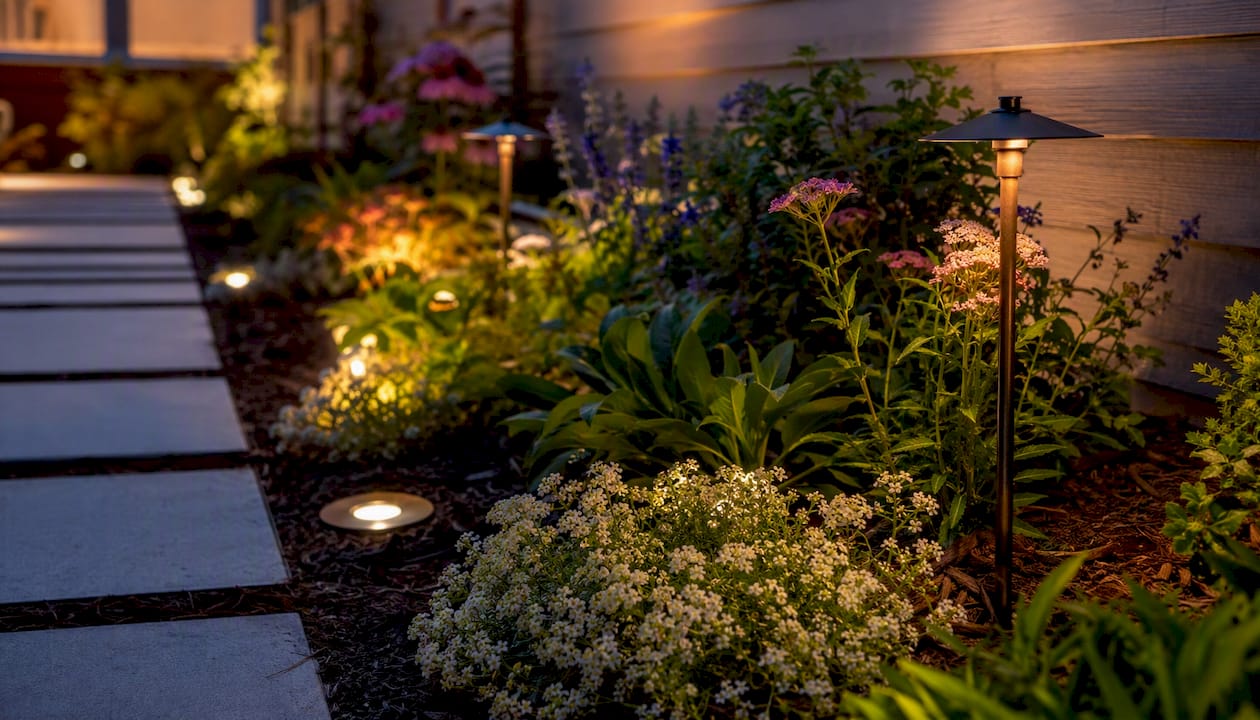 Different landscape lighting fixture types installed