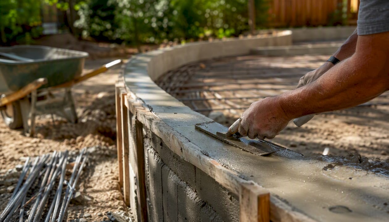 Freshly poured concrete in a retaining wall form