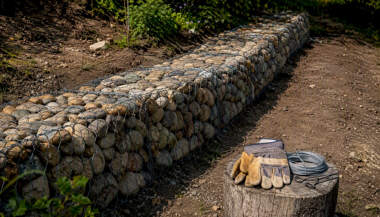 Gabion basket retaining wall with wire mesh and rocks