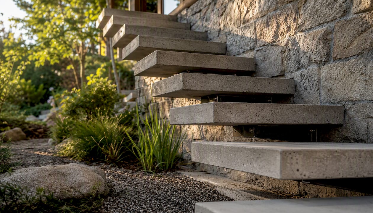 Floating concrete steps showing steel brackets