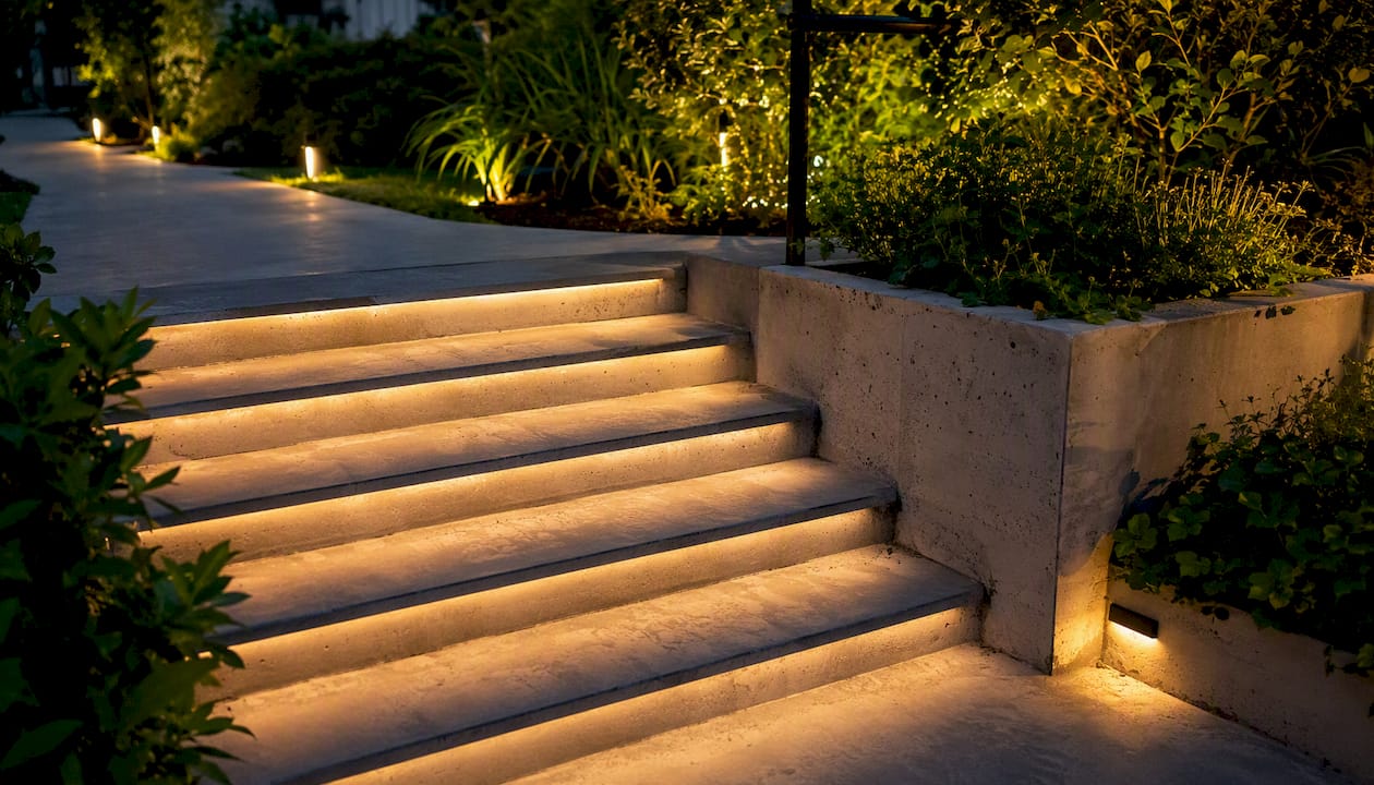 Illuminated concrete steps with step lighting at dusk