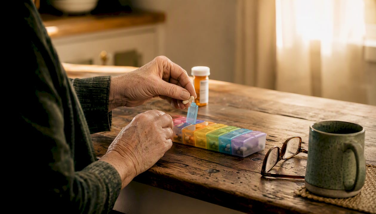 Senior hands sorting pills into organizer