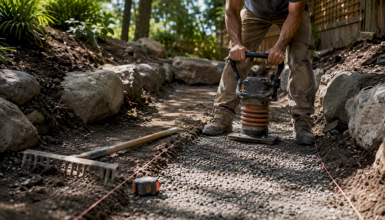 Hands leveling gravel base on walkway