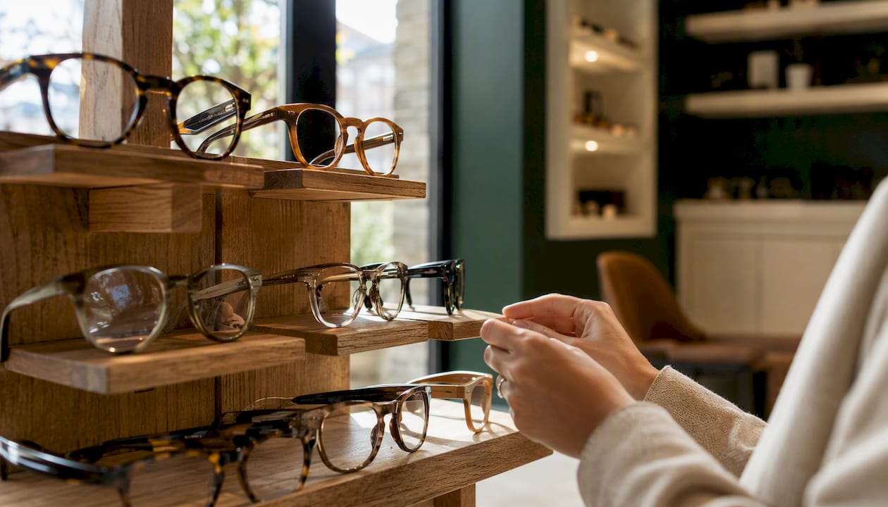 Close-up of eyeglass frames display at optical shop