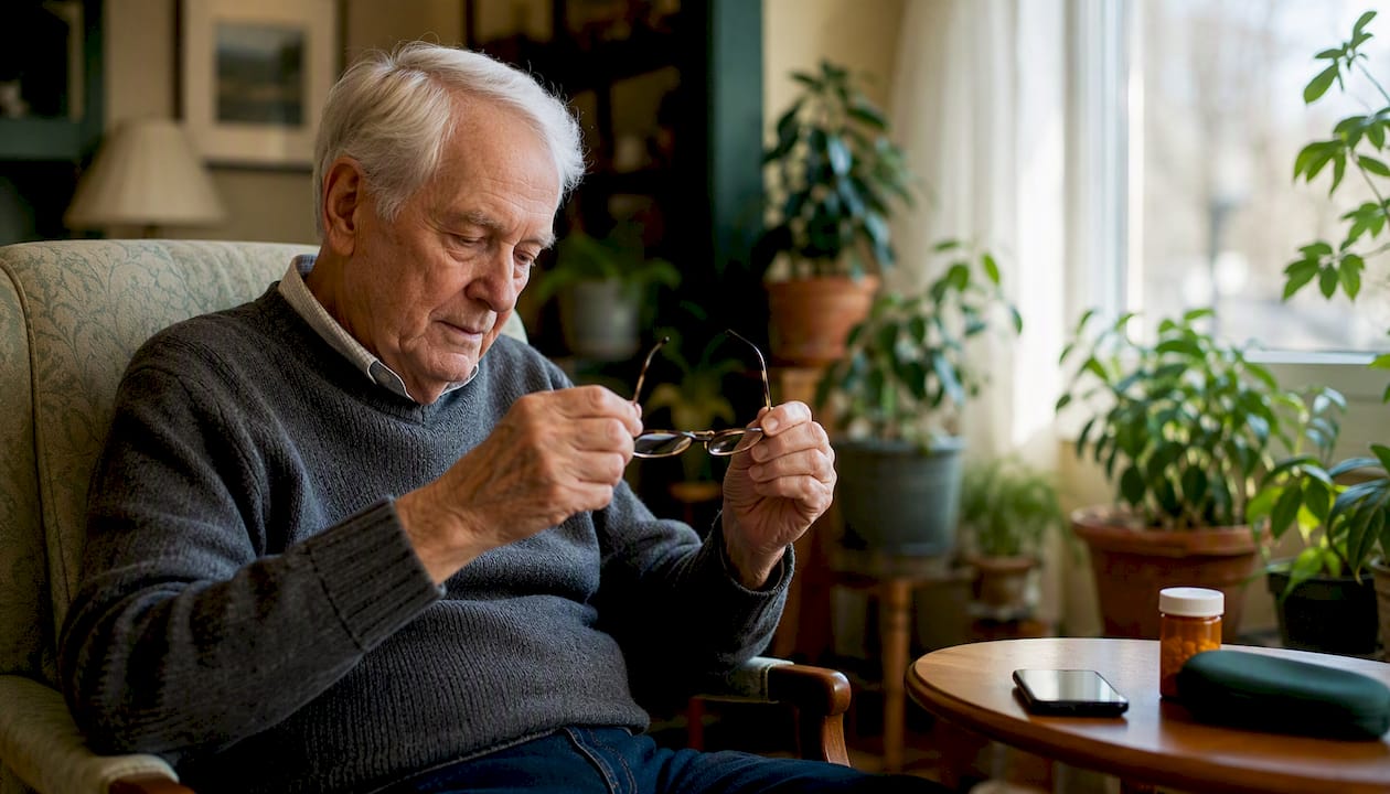 Senior person inspecting eyeglasses after cataract surgery