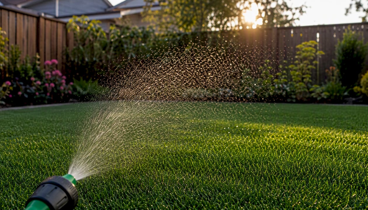 Water mist spraying artificial turf in summer