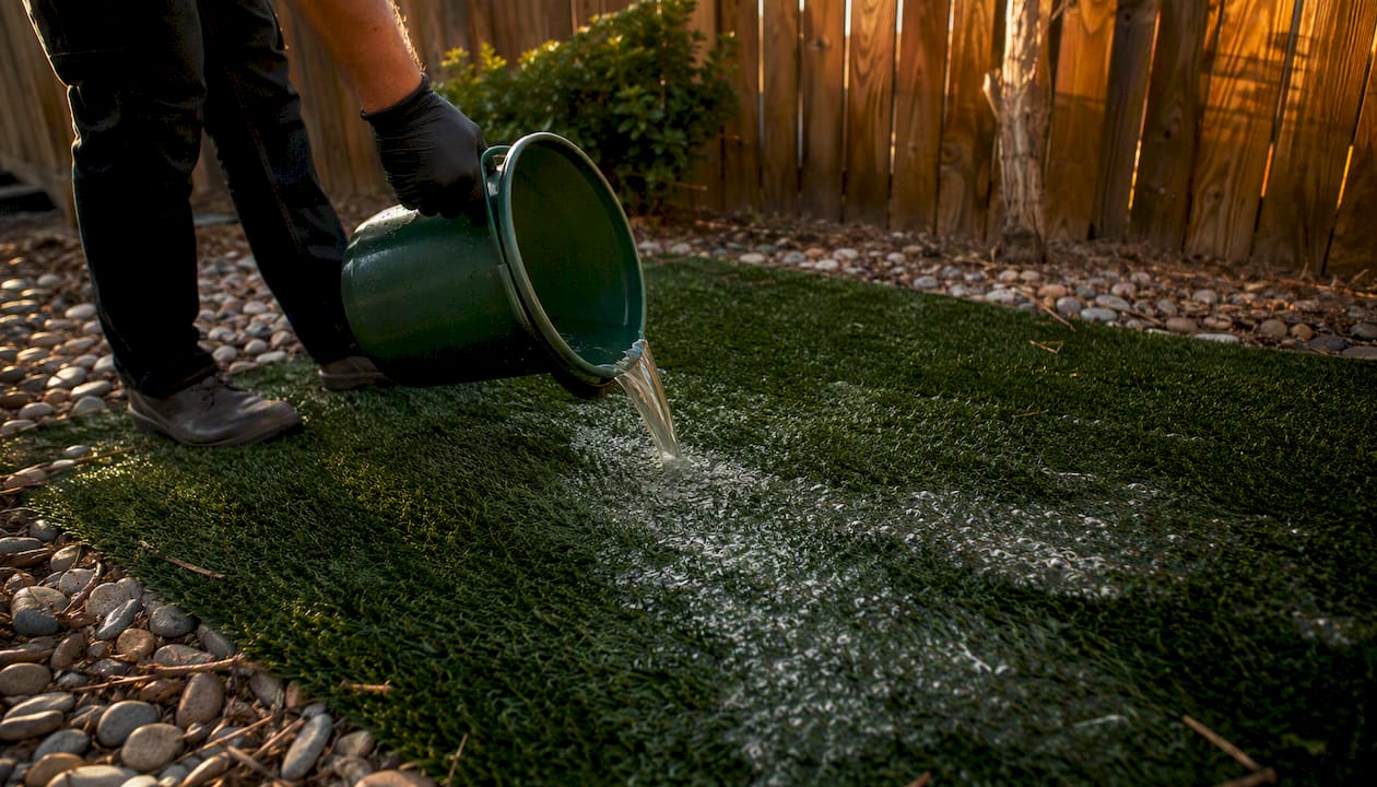 Rinsing pet waste from artificial grass