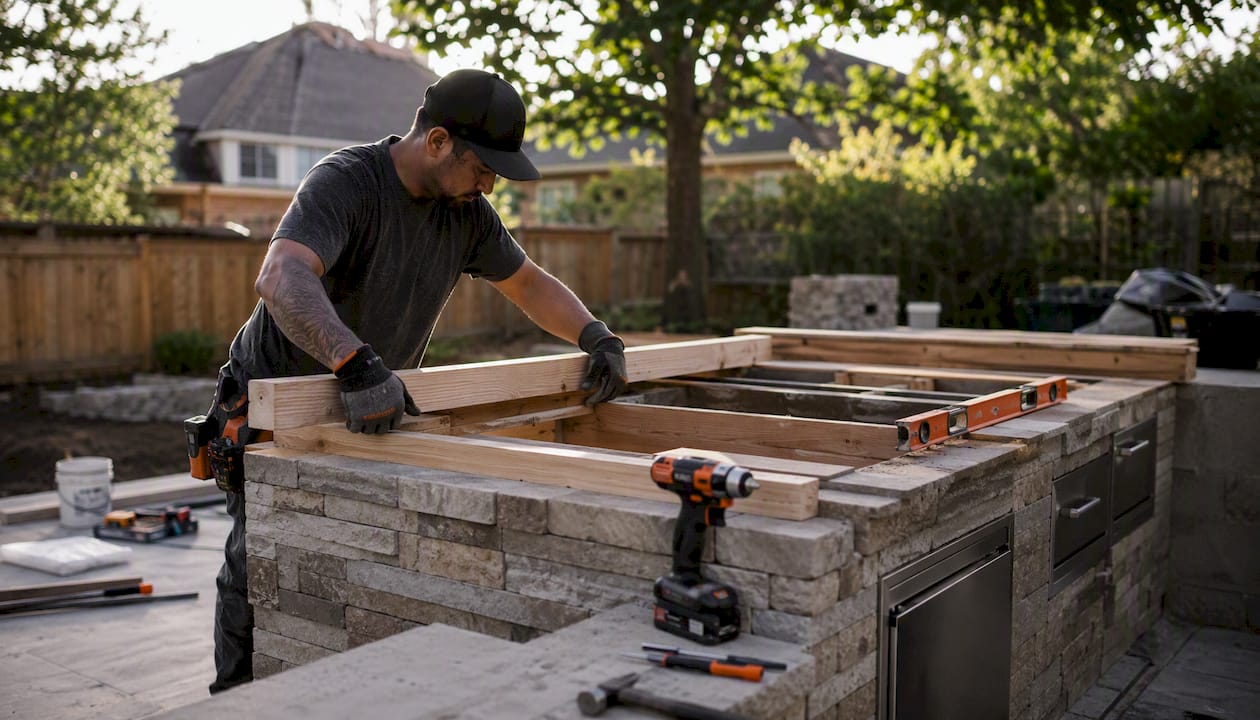 Hands working on outdoor kitchen island under construction
