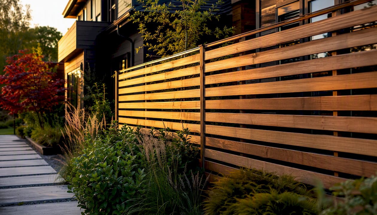 Modern horizontal slat privacy fence by home