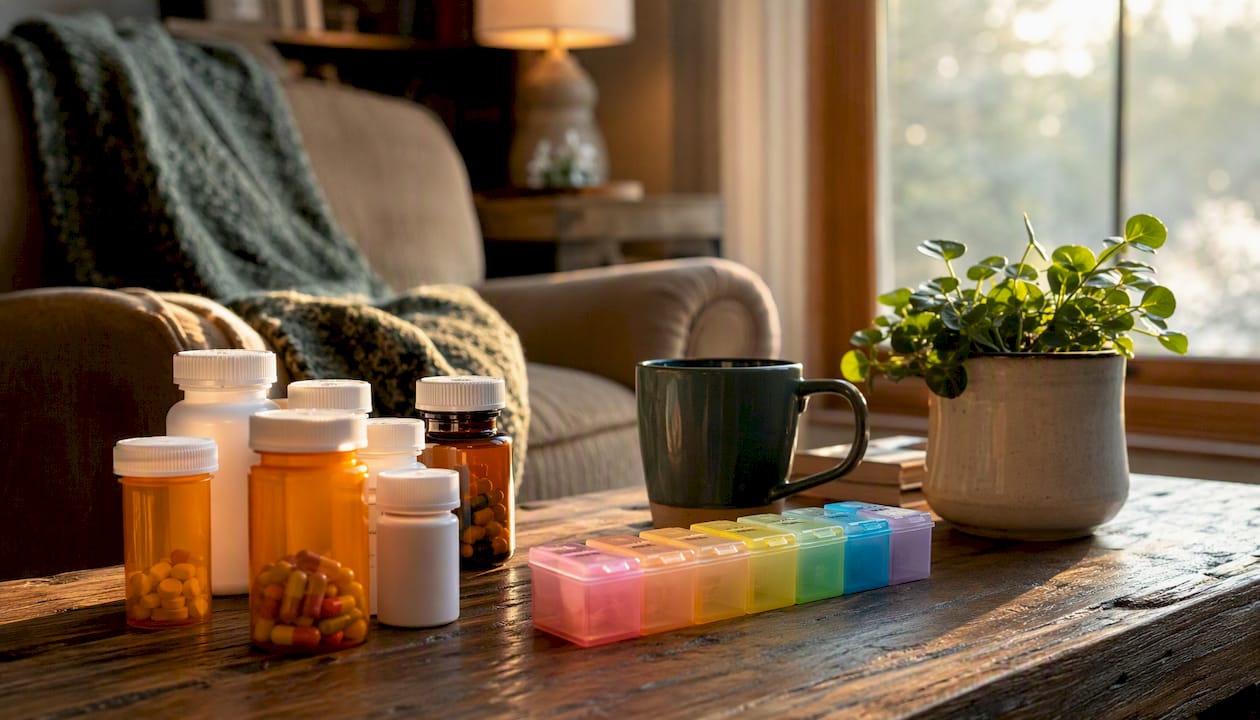 Prescription pill bottles and pill organizer on table