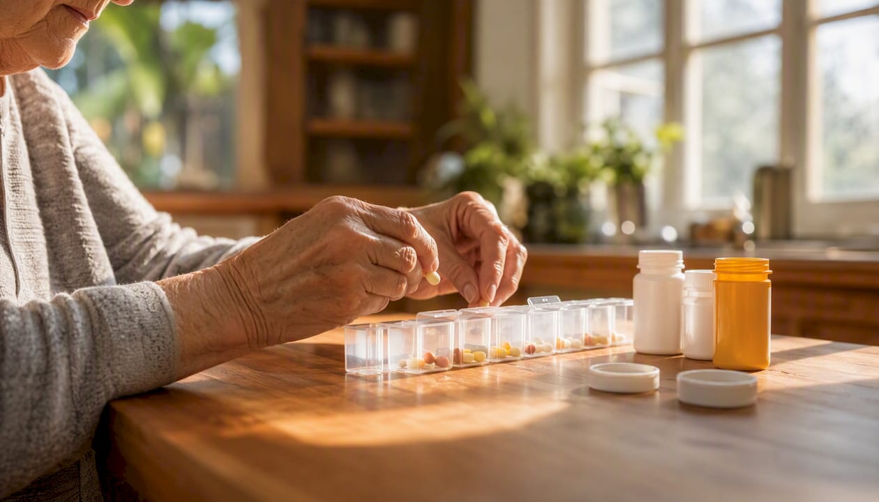 Senior hands organizing medications in pill organizer