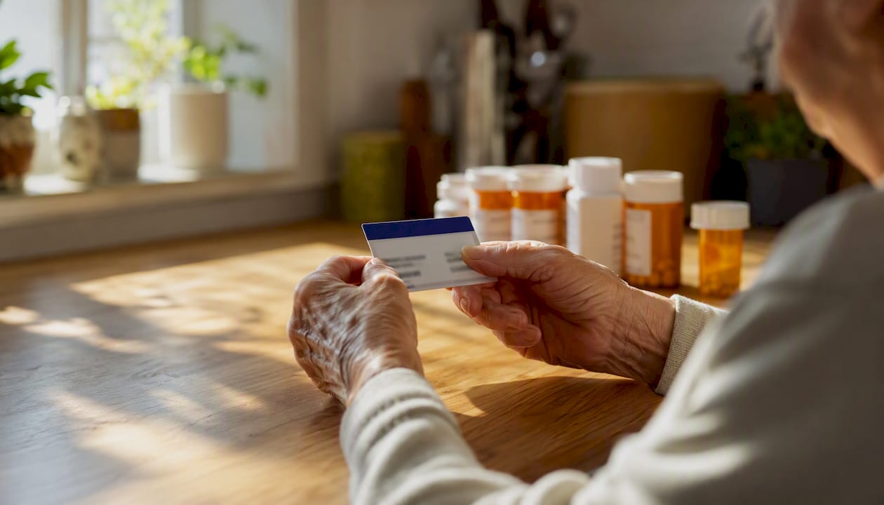 Senior hands holding Medicare card and pill bottles