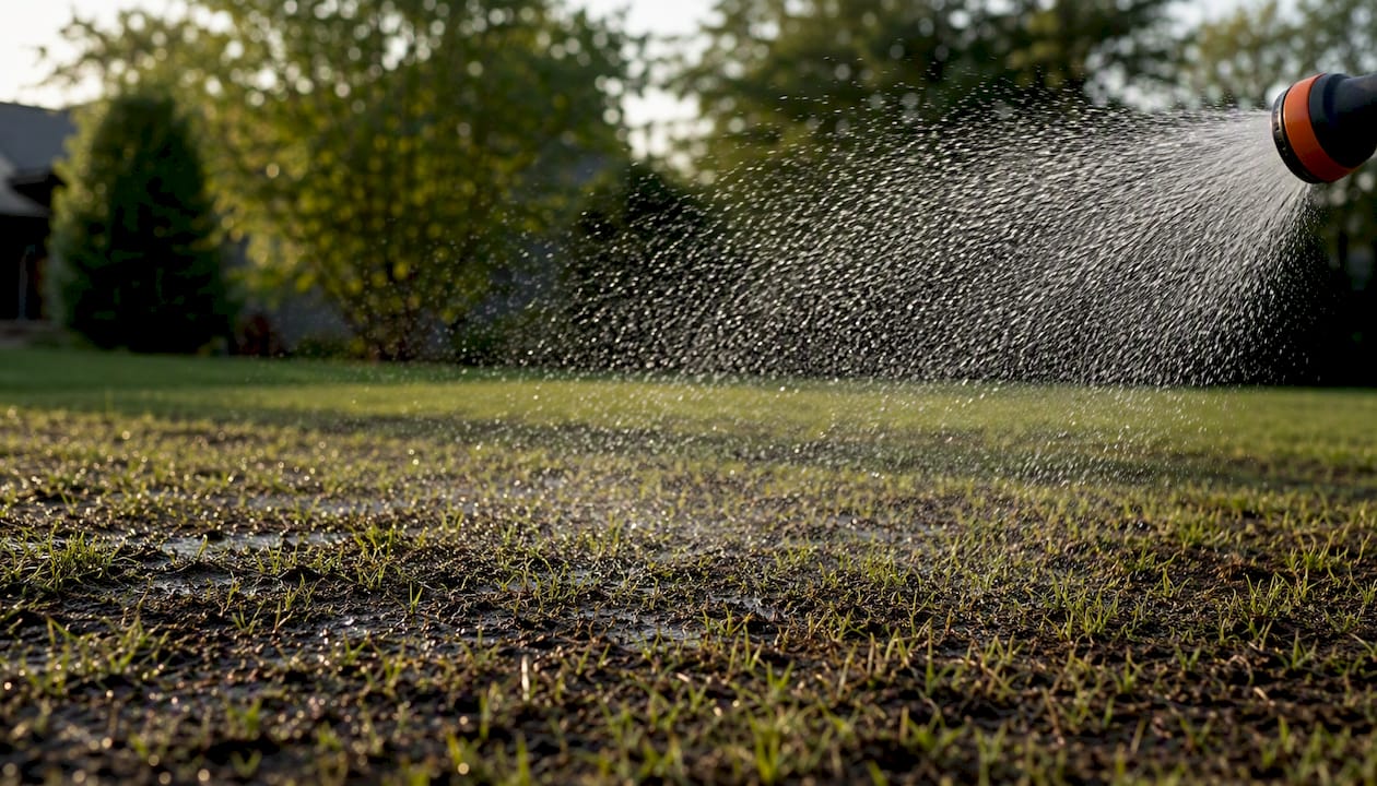 Light irrigation on young lawn seedlings