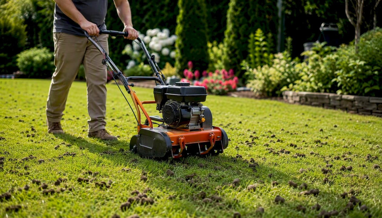Hands core aerating compacted lawn soil