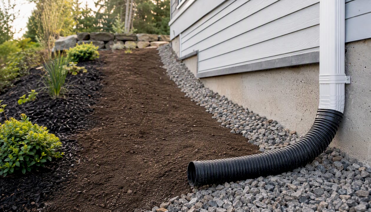 Regraded yard slope with downspout drainage fix
