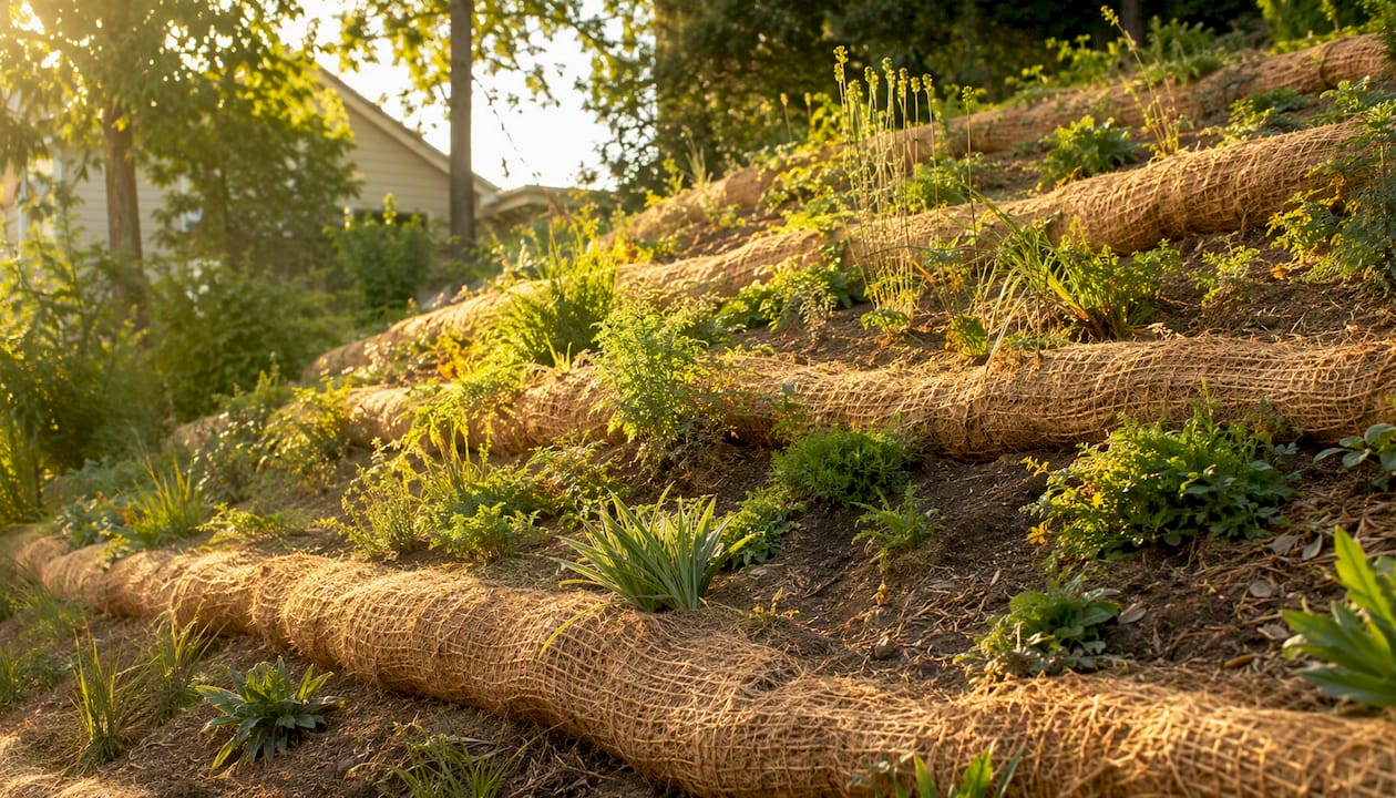 Coir rolls with young plants on backyard slope