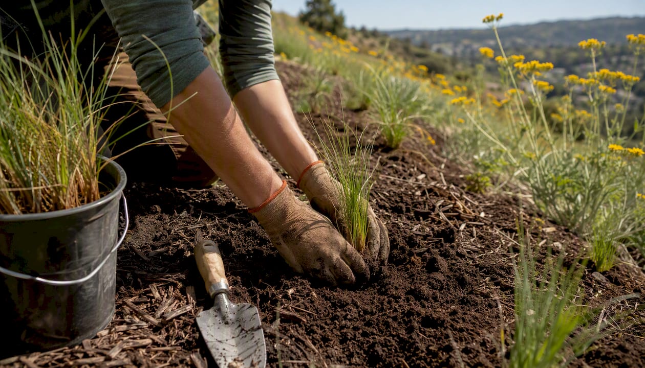 Hands planting grasses on slope contour