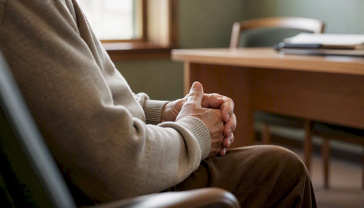 Senior hands clasped anxiously before exam
