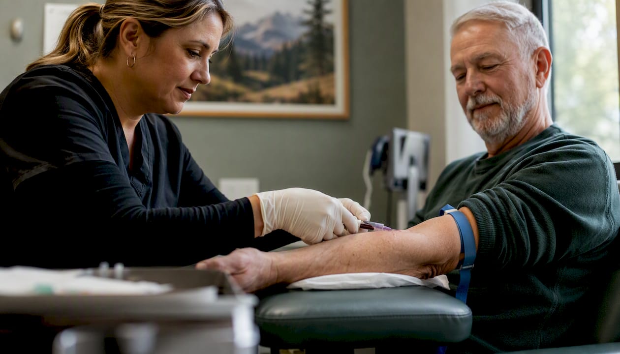 Paramedical nurse drawing blood during exam