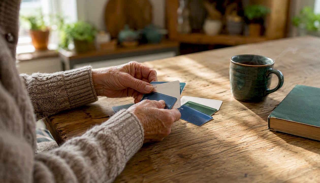 Senior hands sorting dental and Medicare cards