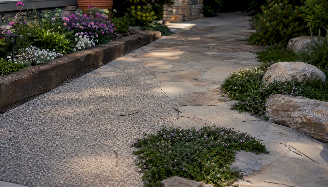 Front yard walkway with mixed hardscape materials