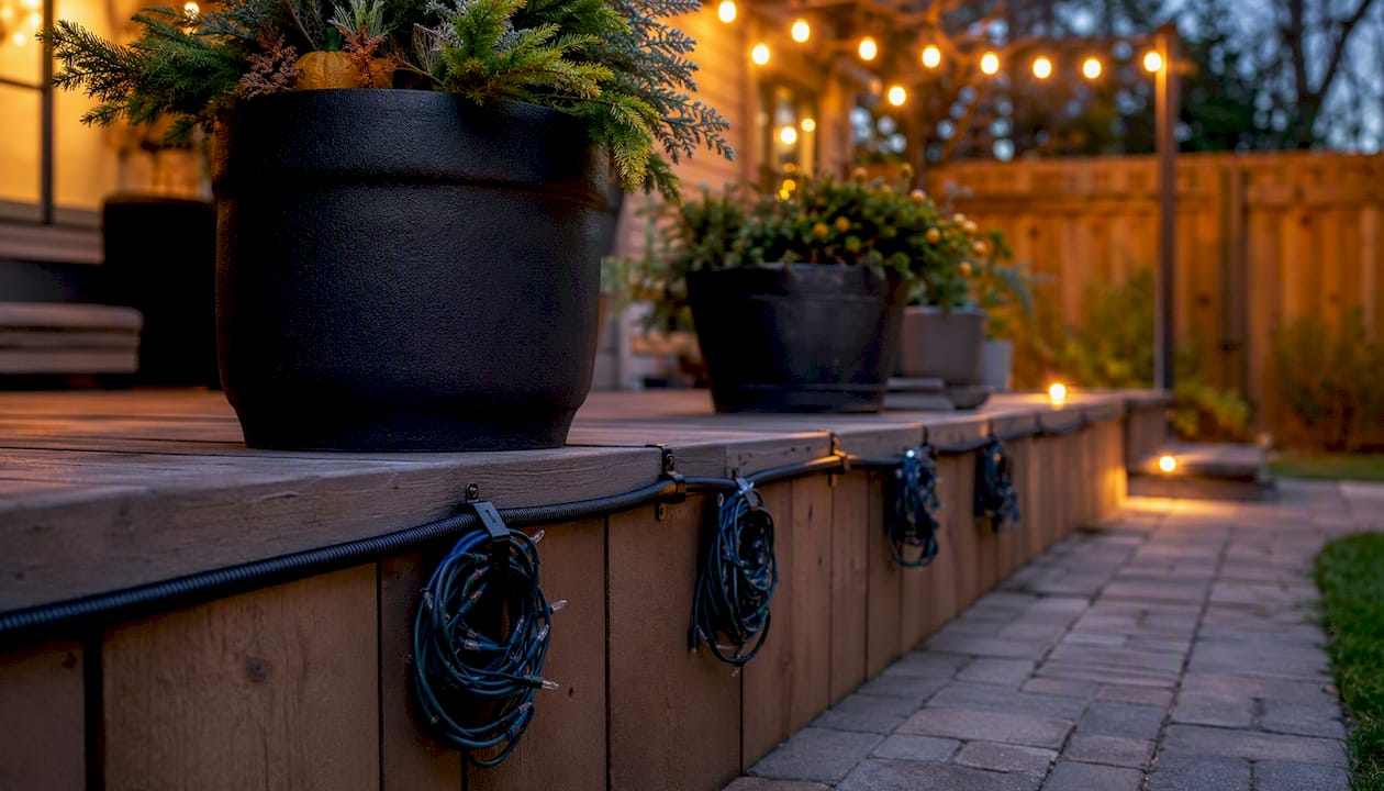Christmas light cords protected along wall