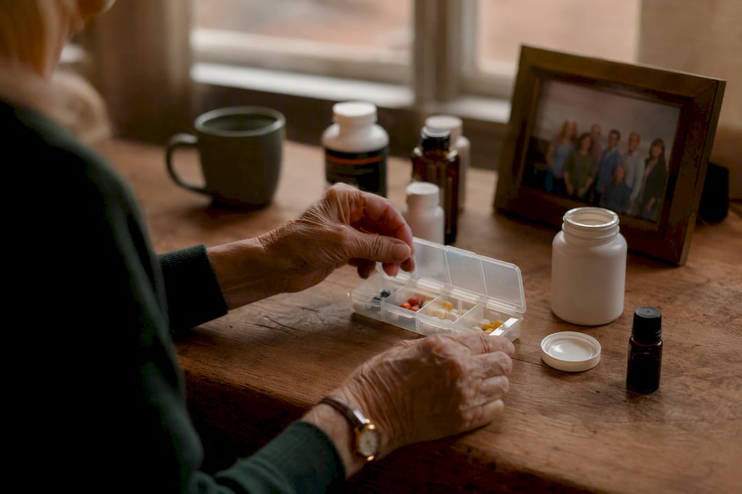 Hands of senior organizing medication pills