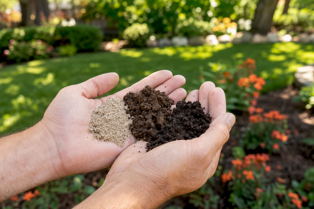 Hands holding sandy, clay, and loam soil samples