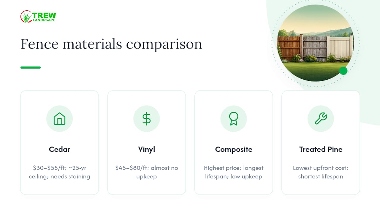 Comparison diagram of fencing materials by cost and lifespan