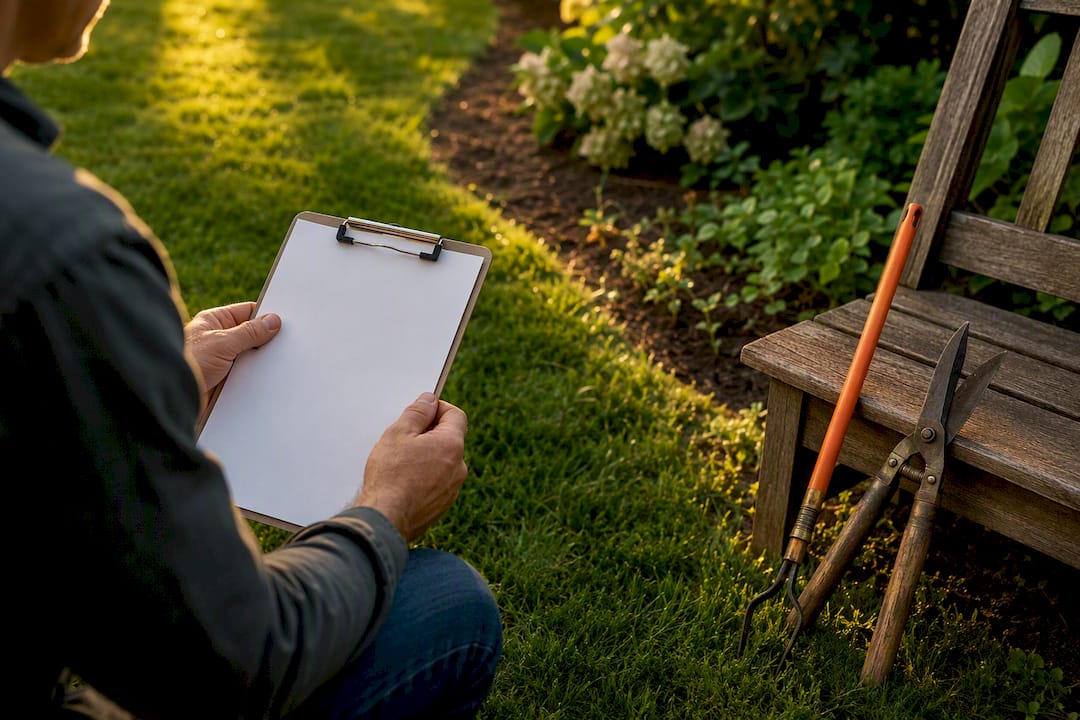 Hands holding clipboard near lawn tools