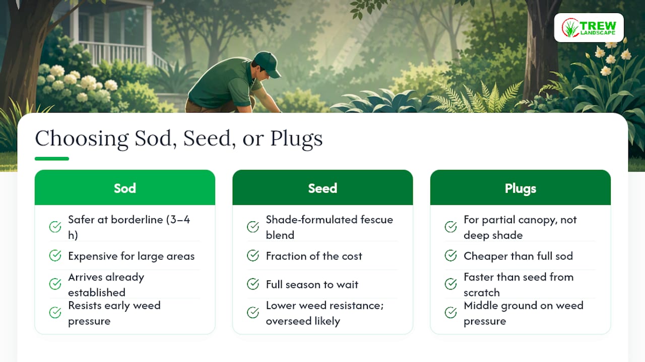 Comparison chart of sod, seed, and plugs for shady lawns