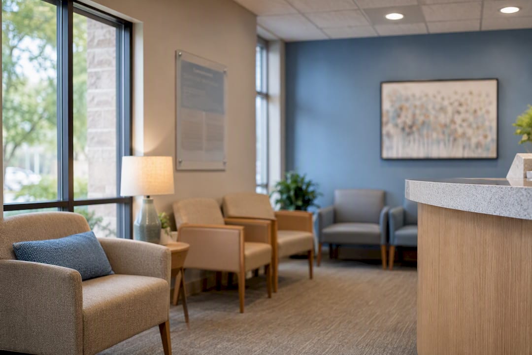 Empty urgent care waiting area and reception desk