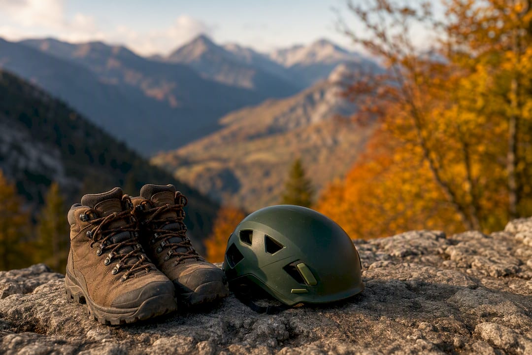 Hiking boots and safety helmet outdoors