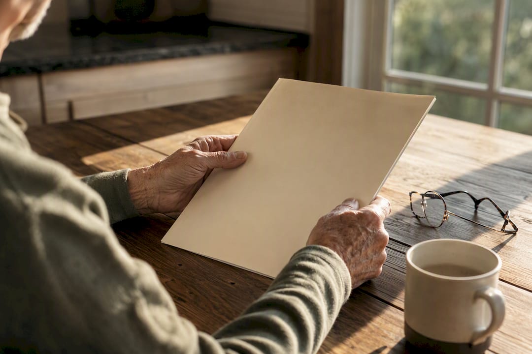Senior hands holding life insurance policy folder